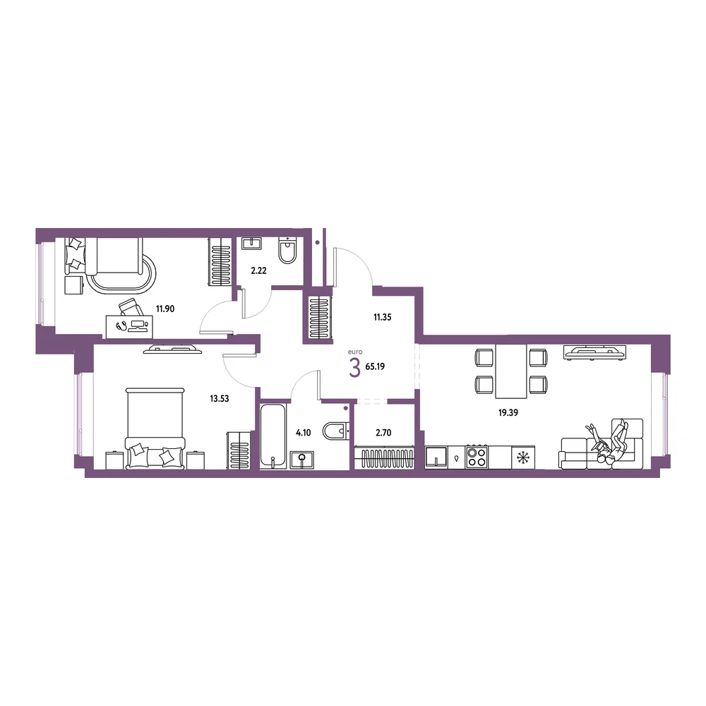 Планировка: Домашний 3-комнатная 65,19м²
