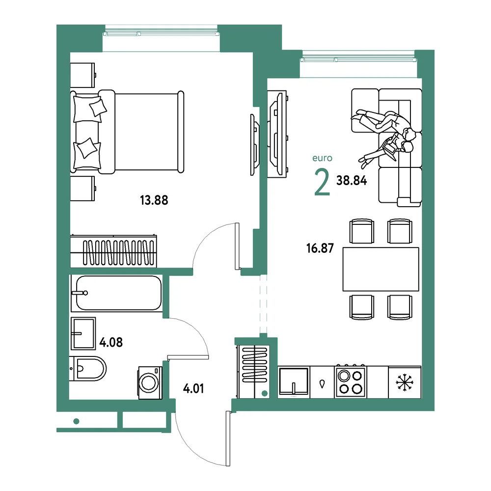 Планировка: Домашний 2-комнатная 38,84м²