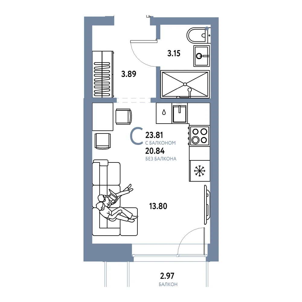 Планировка: Домашний Студия 23,81м²