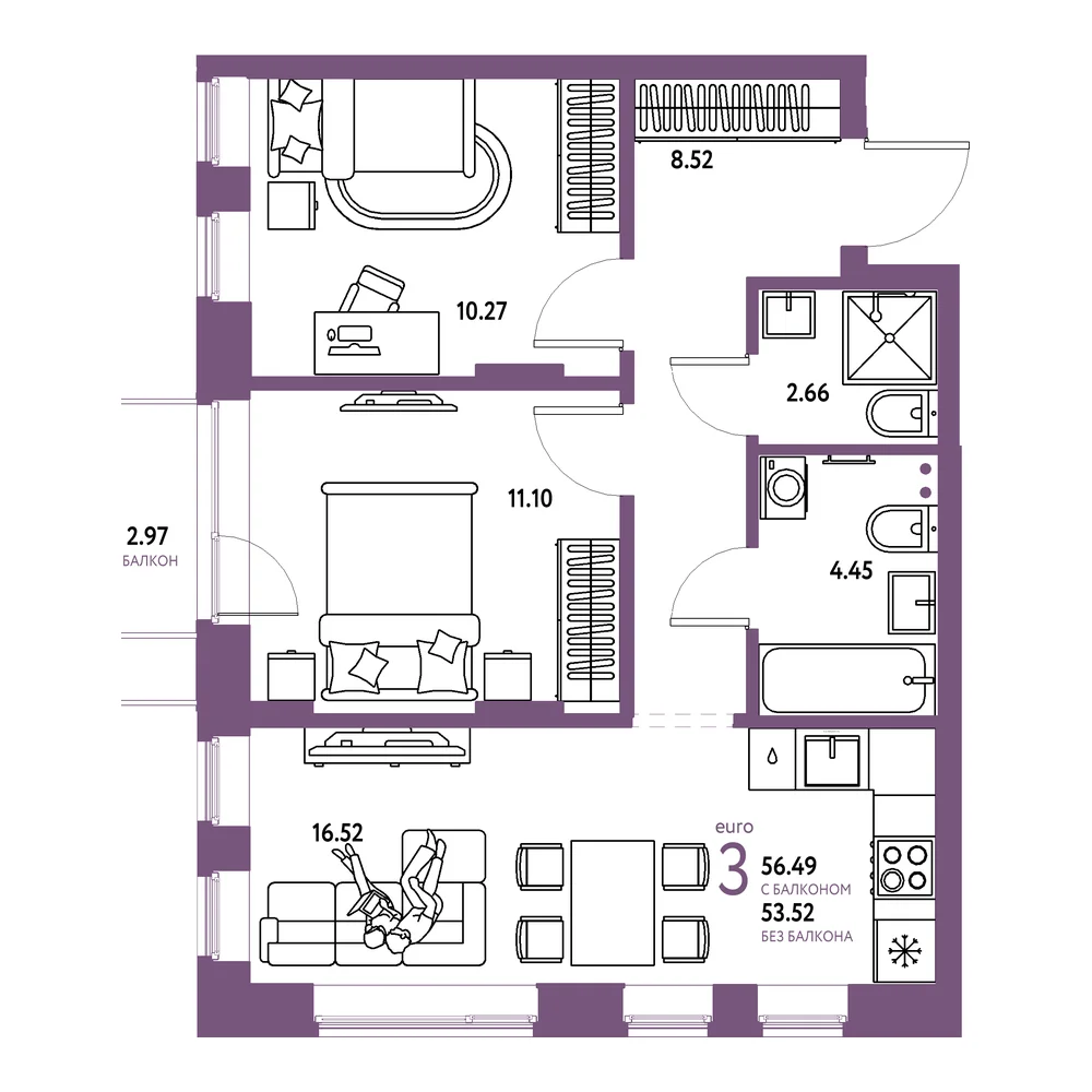 Планировка: Домашний 3-комнатная 56,49м²