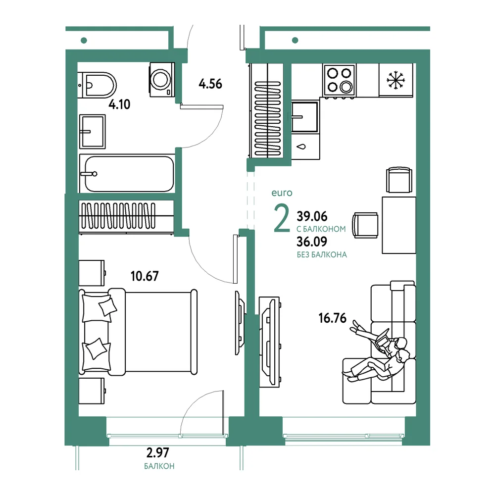 Планировка: Домашний 2-комнатная 39,06м²