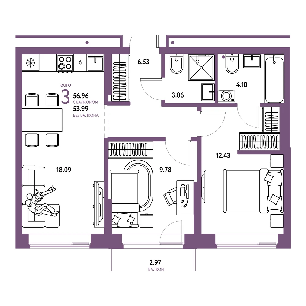 Планировка: Домашний 3-комнатная 56,96м²