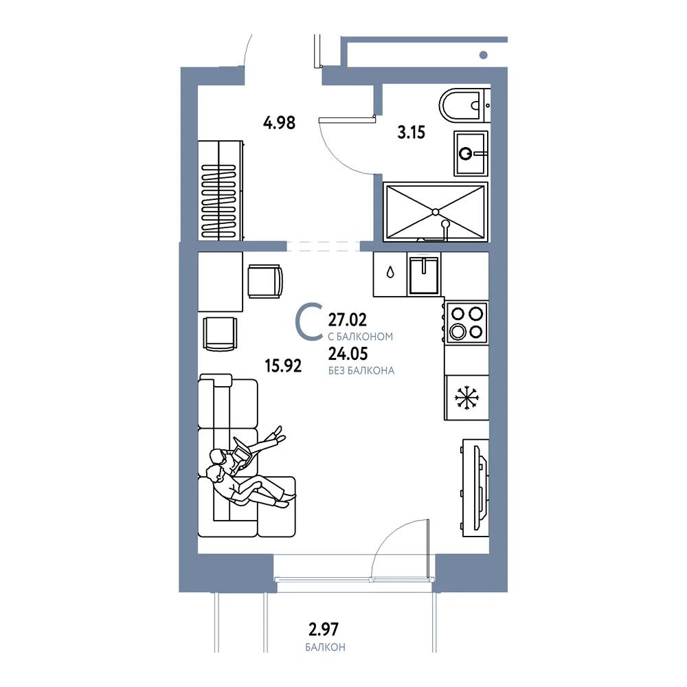 Планировка: Домашний Студия 27,02м²