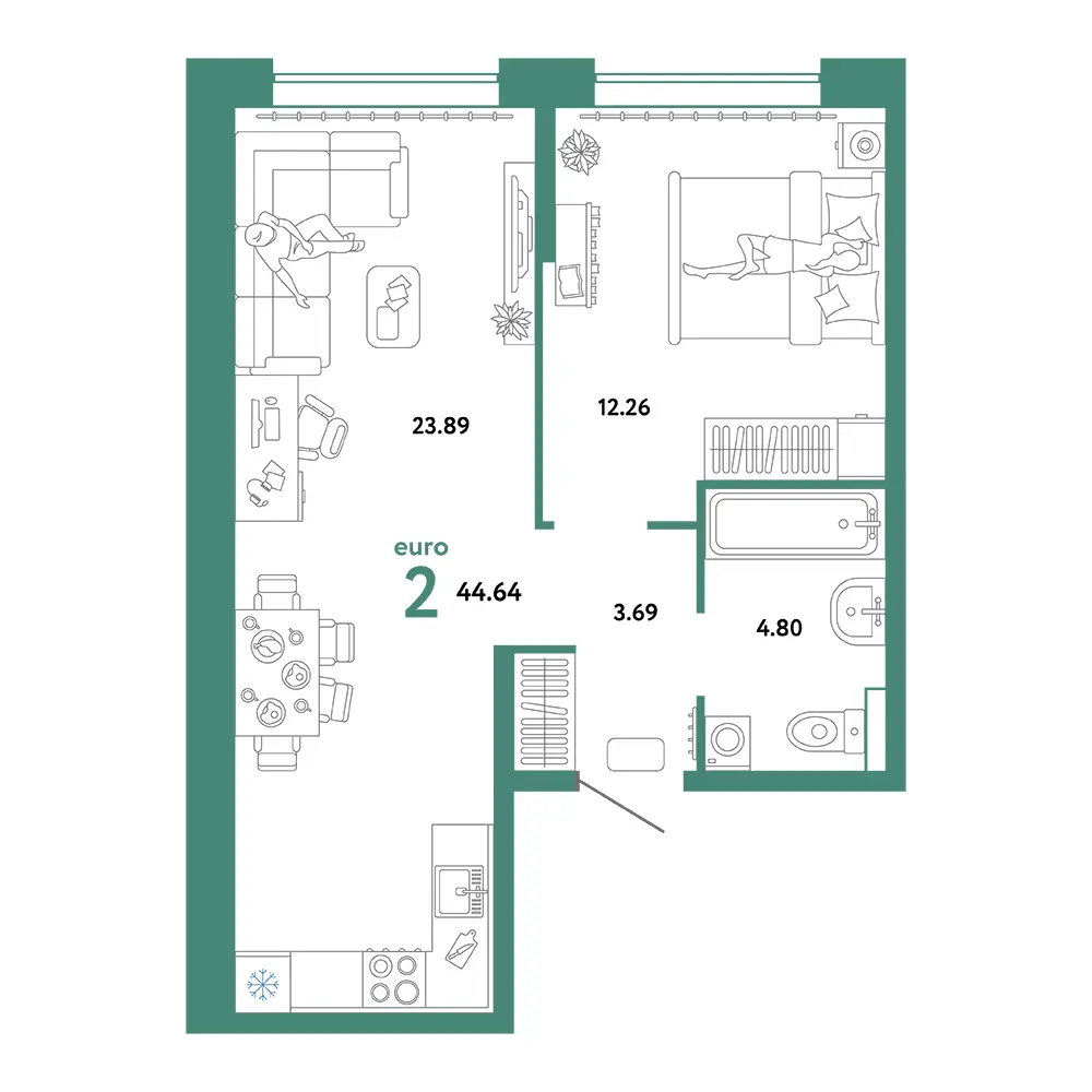 Планировка: Домашний 2-комнатная 44,64м²