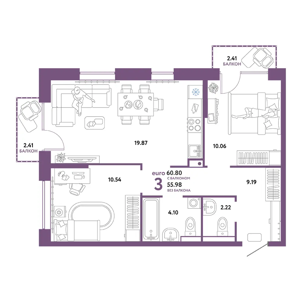 Планировка: Домашний 3-комнатная 60,80м²