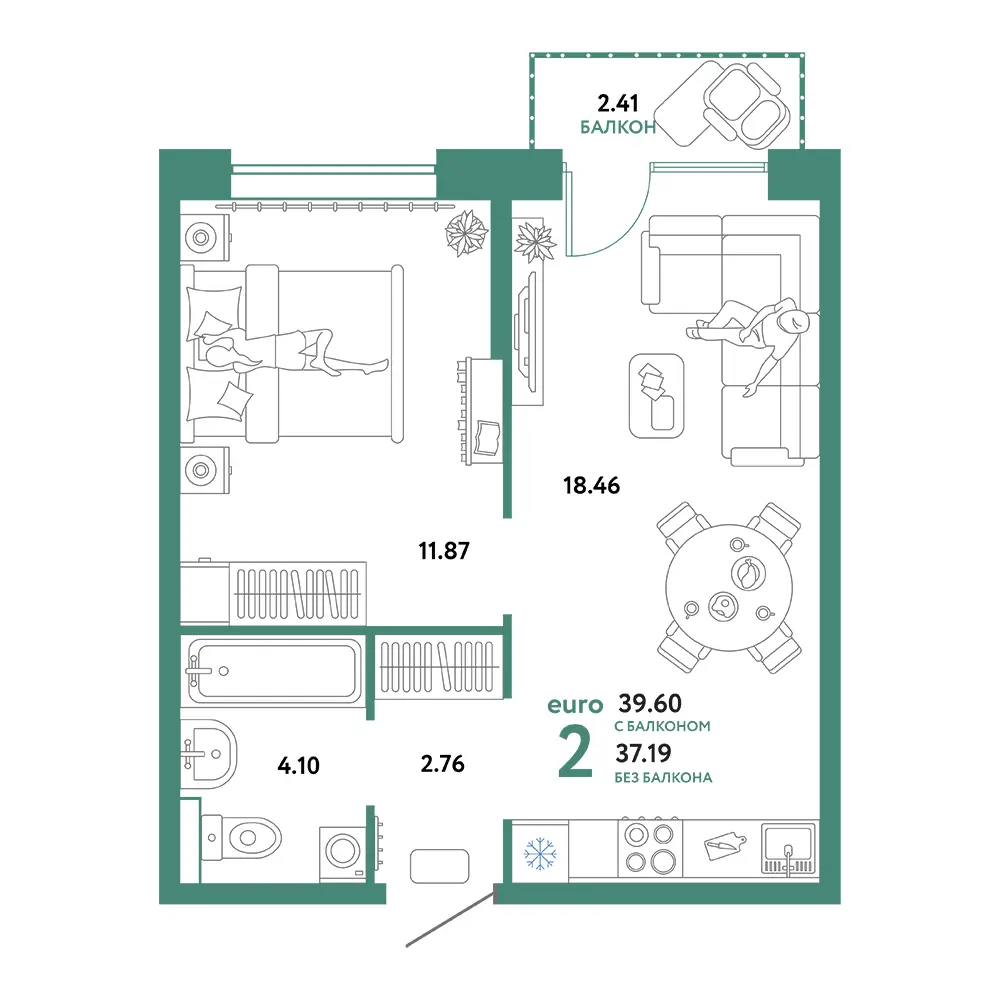 Планировка: Домашний 2-комнатная 39,60м²