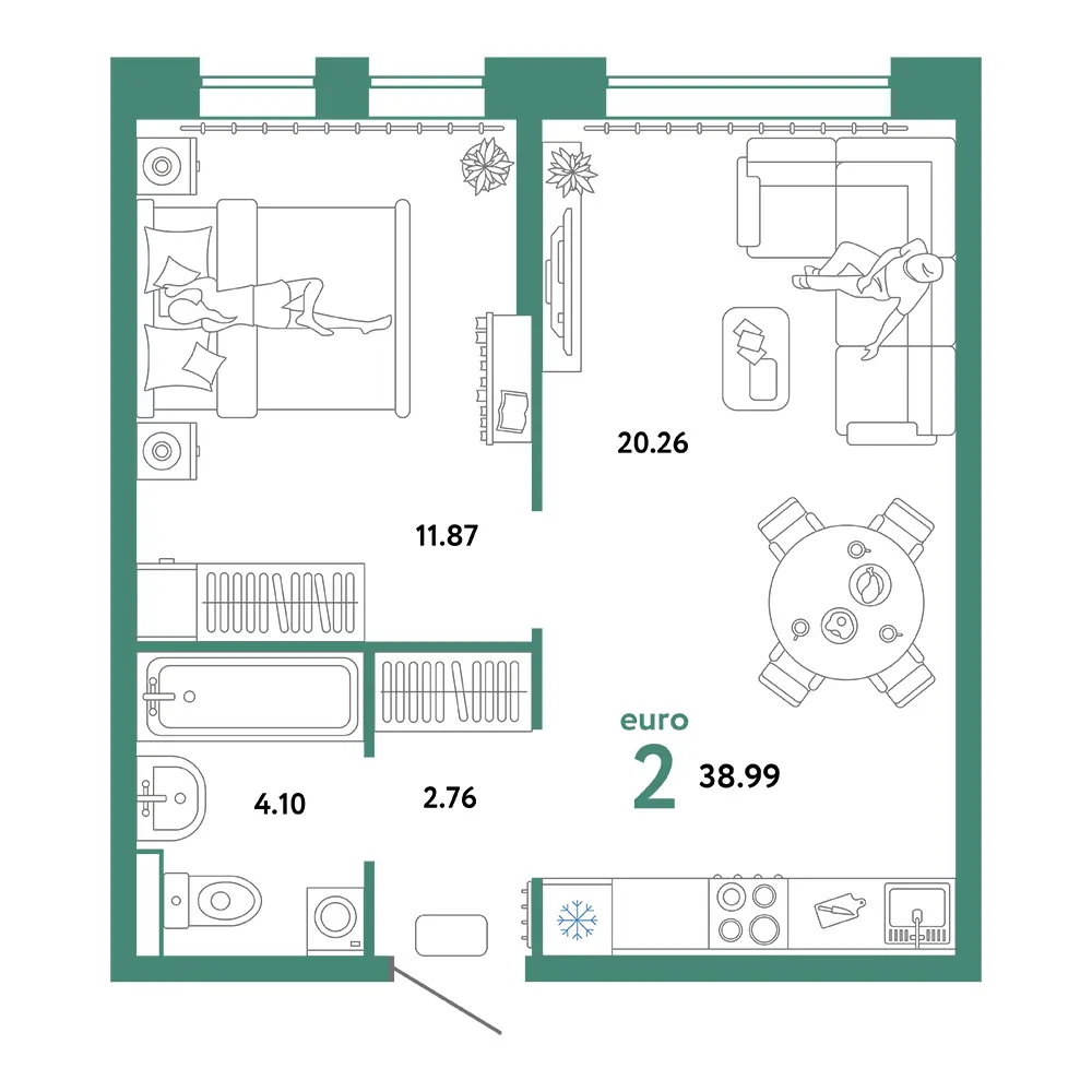 Планировка: Домашний 2-комнатная 38,99м²