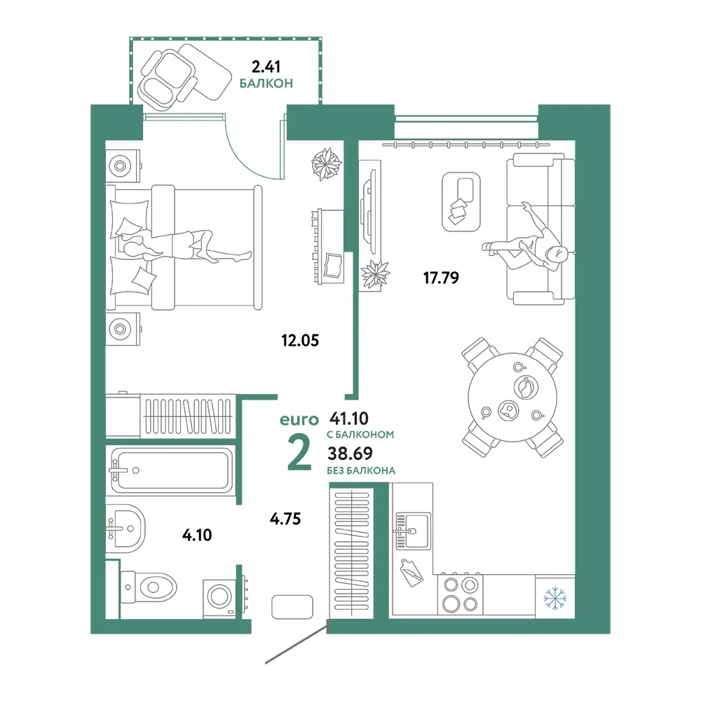 Планировка: Домашний 2-комнатная 41,10м²