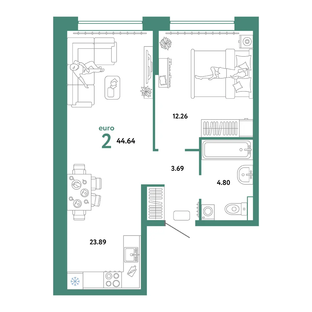 Планировка: Домашний 2-комнатная 44,64м²