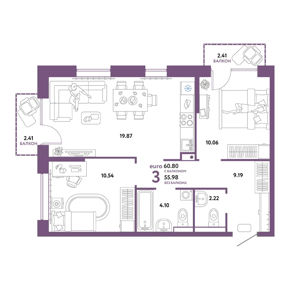 Планировка: Домашний 3-комнатная 60,80м²