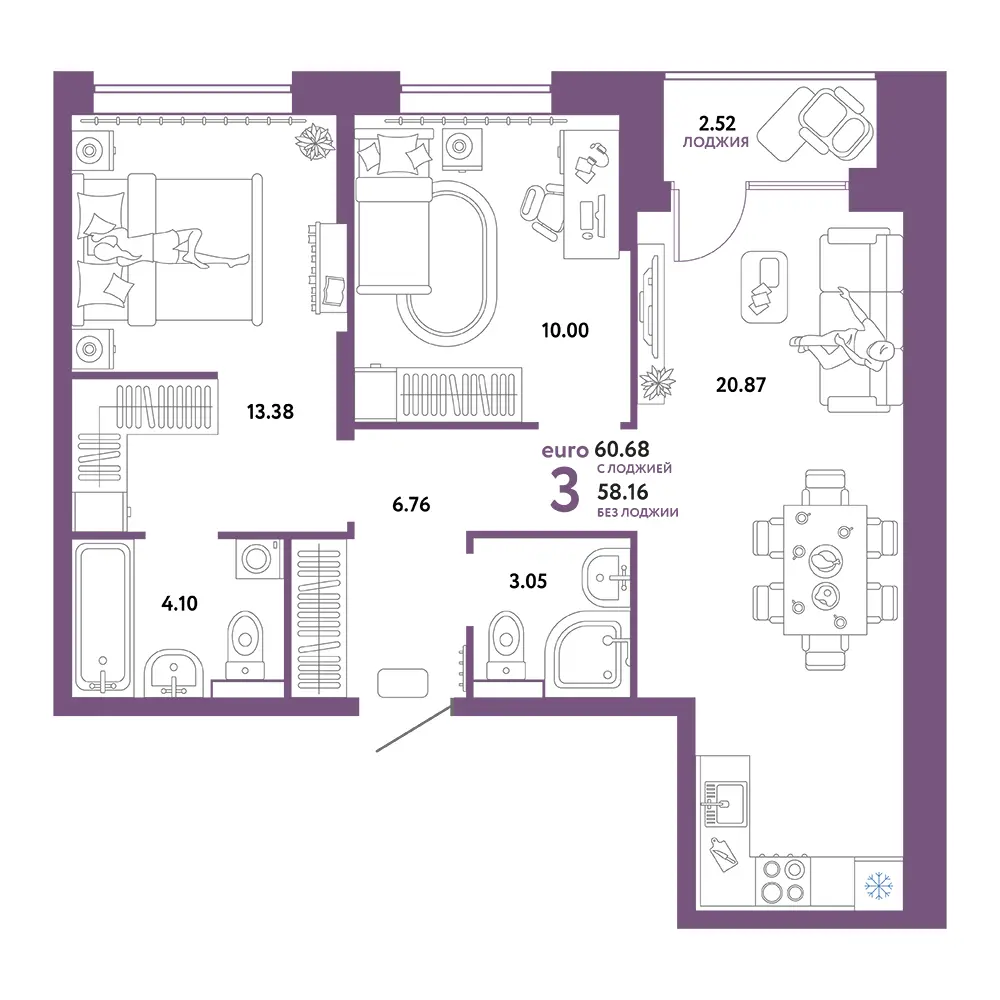 Планировка: Домашний 3-комнатная 60,68м²