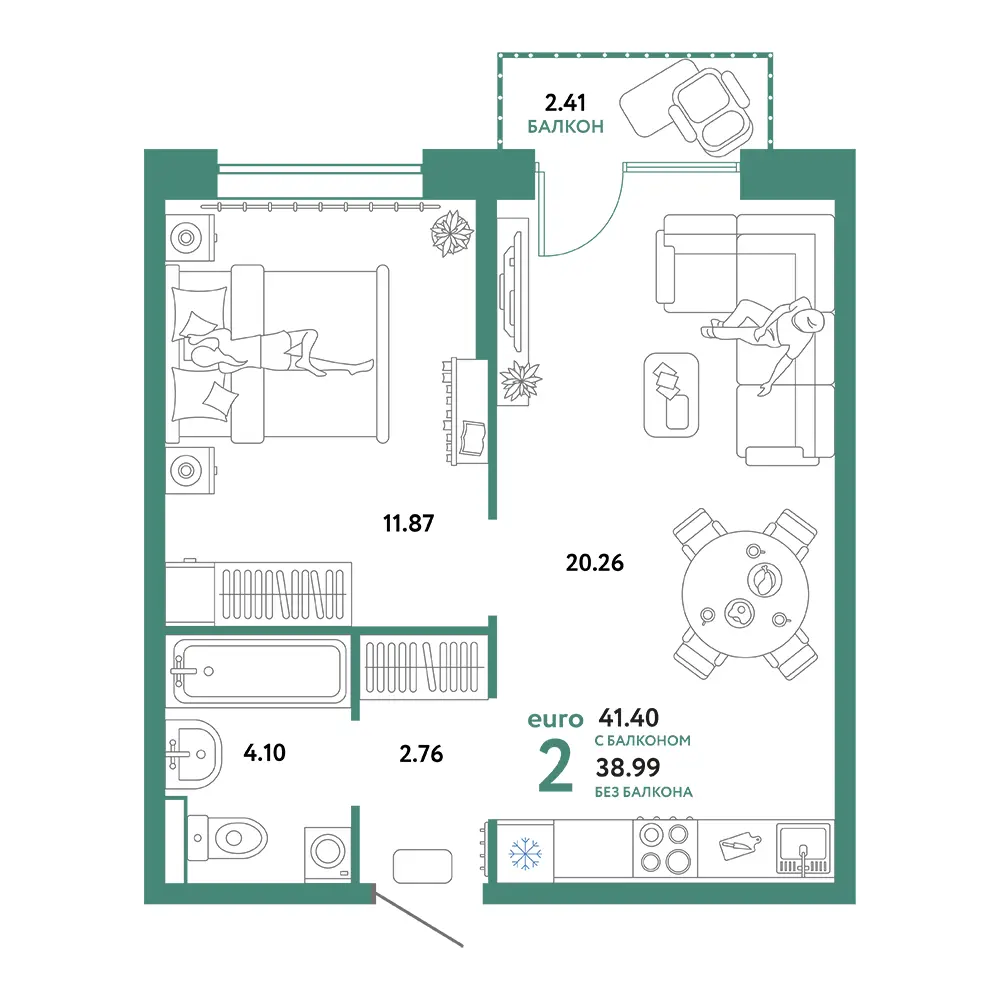 Планировка: Домашний 2-комнатная 41,40м²