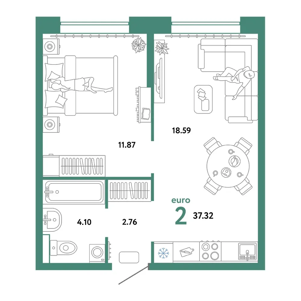 Планировка: Домашний 2-комнатная 37,32м²