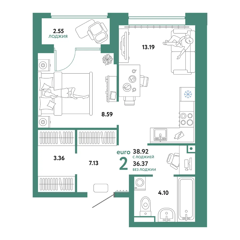 Планировка: Домашний 2-комнатная 38,92м²
