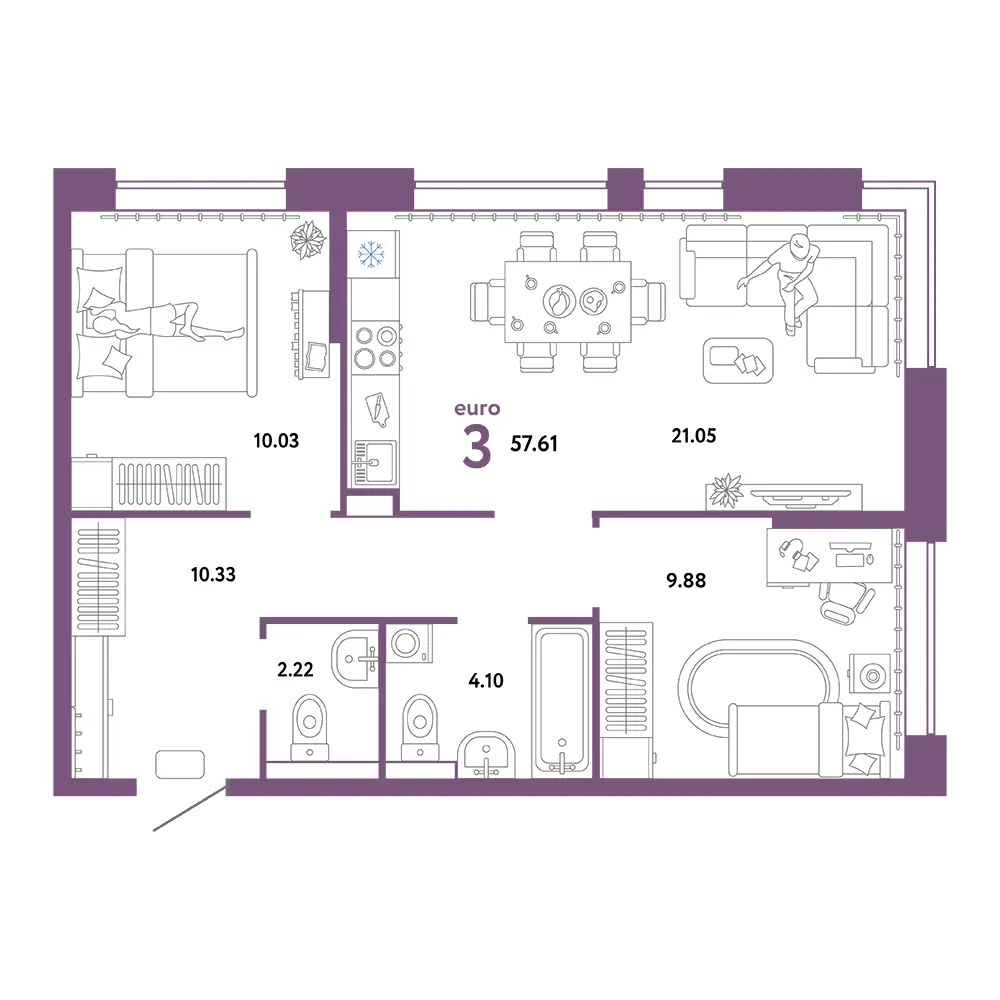 Планировка: Домашний 3-комнатная 57,61м²