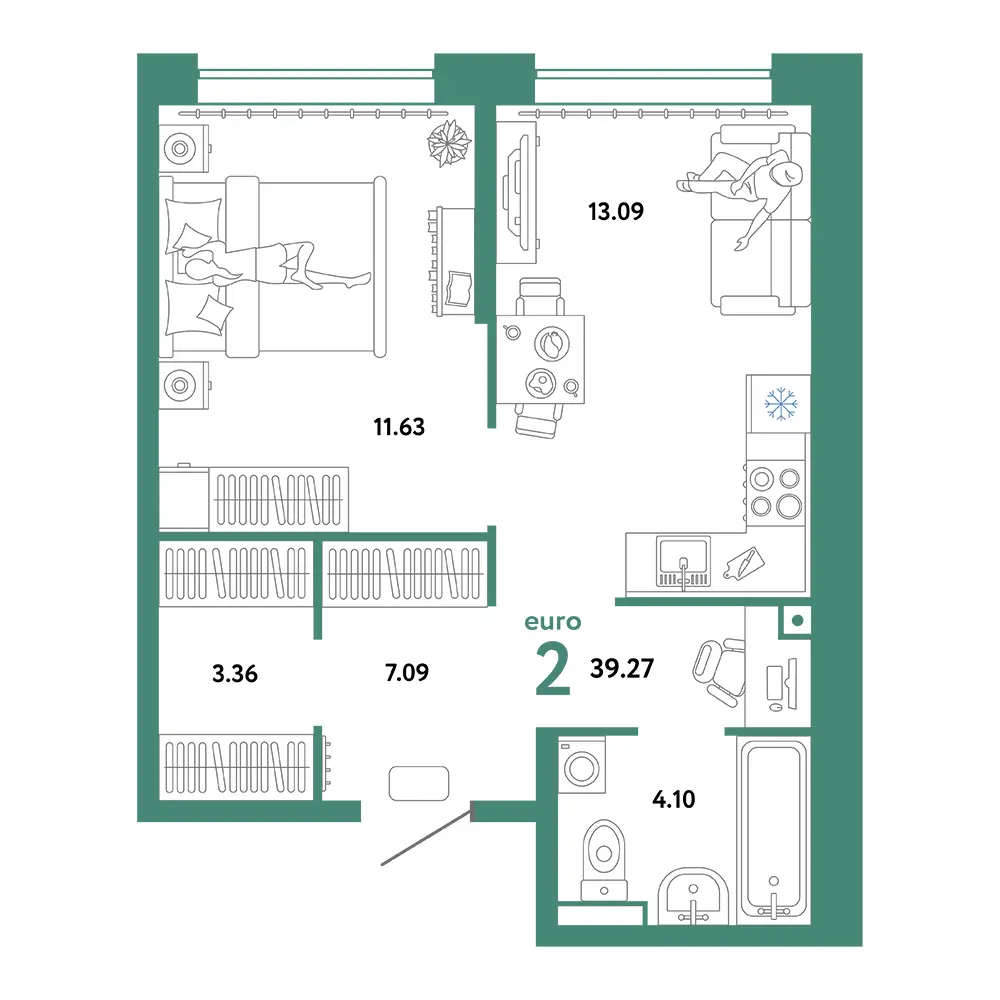 Планировка: Домашний 2-комнатная 39,27м²