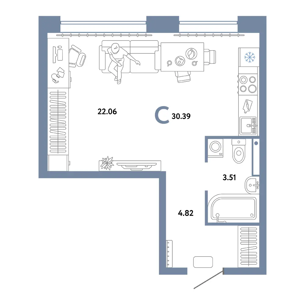 Планировка: Домашний Студия 30,39м²