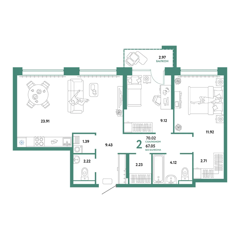 Планировка: Домашний 3-комнатная 70,02м²