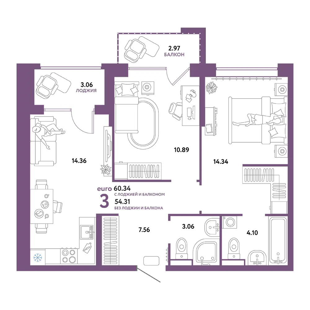 Планировка: Домашний 3-комнатная 60,34м²