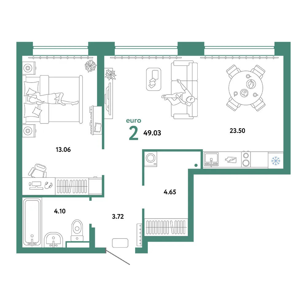 Планировка: Домашний 2-комнатная 49,03м²
