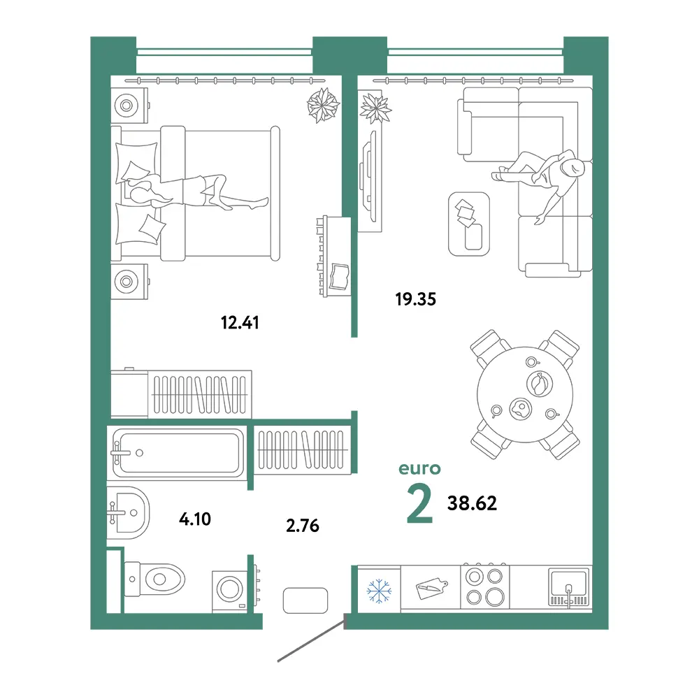Планировка: Домашний 2-комнатная 38,62м²