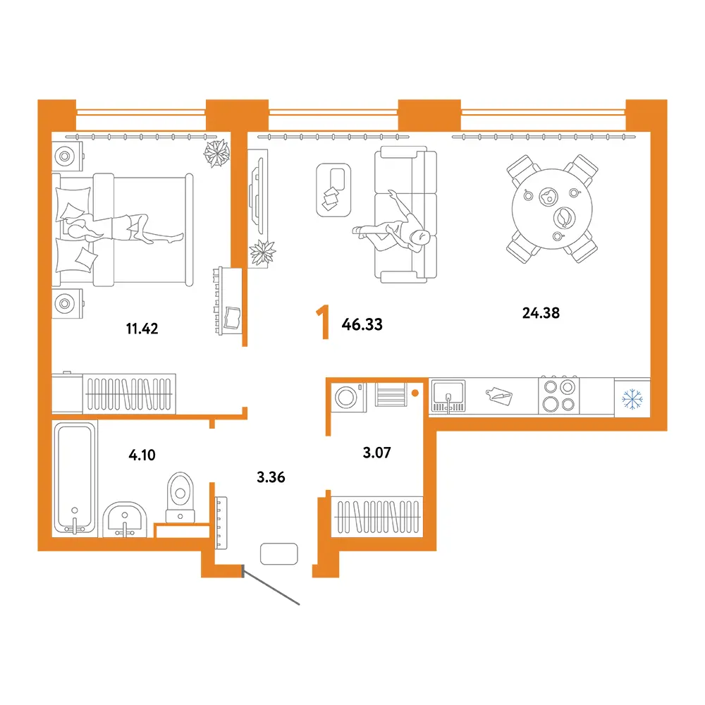 Планировка: Домашний 1-комнатная 46,33м²
