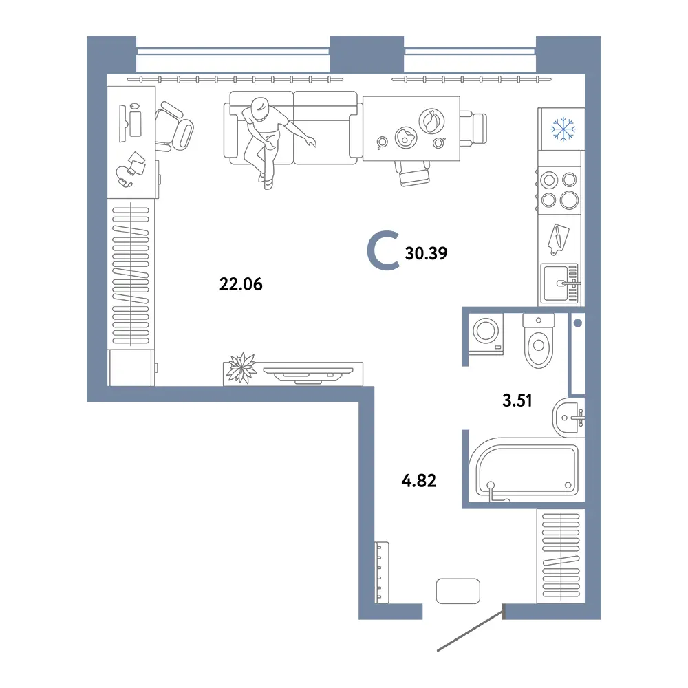 Планировка: Домашний Студия 30,39м²