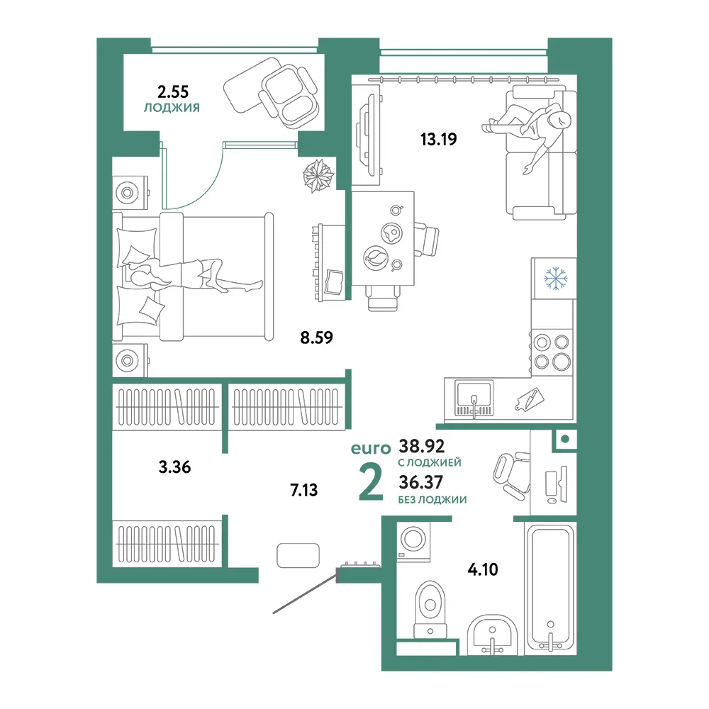 Планировка: Домашний 2-комнатная 38,92м²