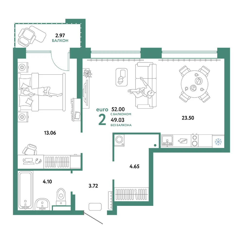 Планировка: Домашний 2-комнатная 52,00м²