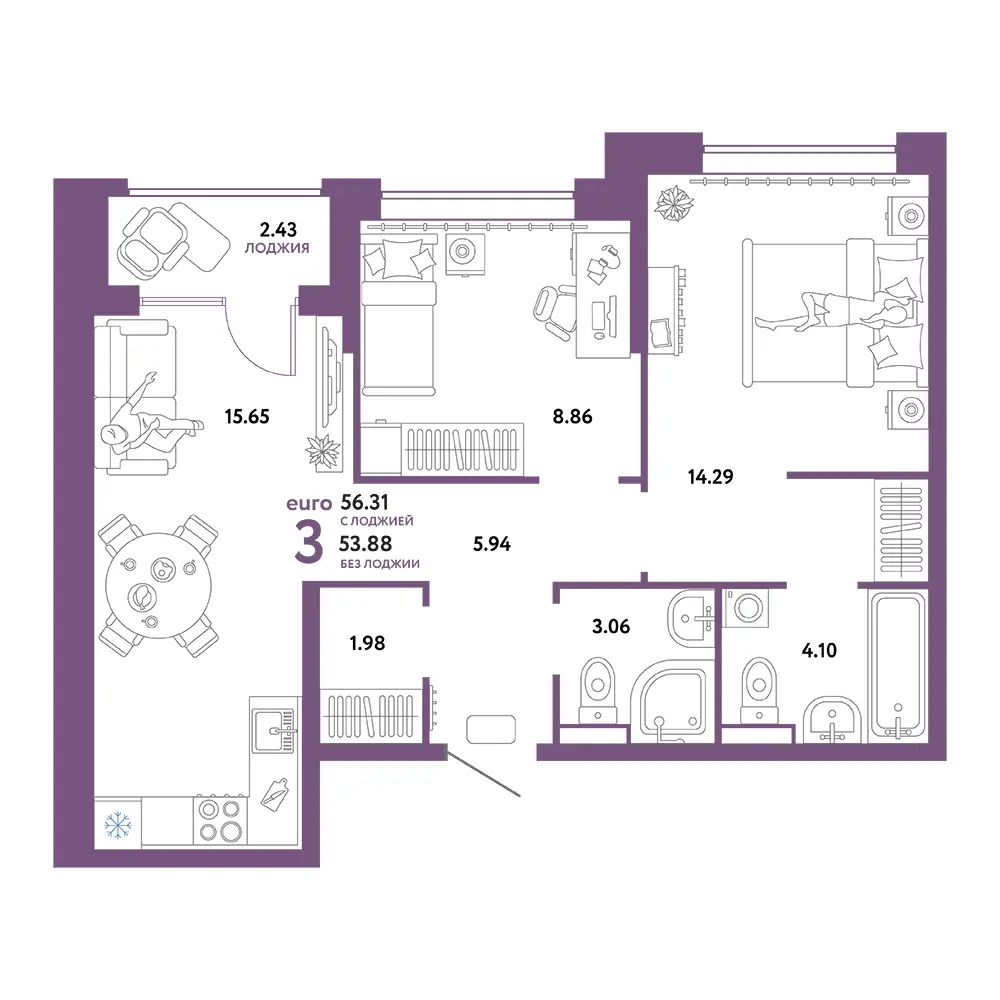 Планировка: Домашний 3-комнатная 56,31м²