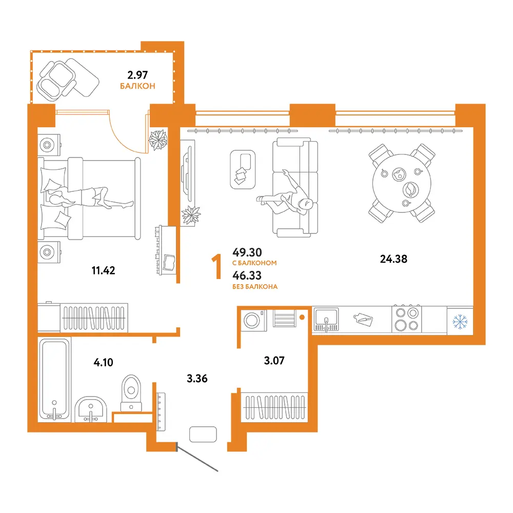 Планировка: Домашний 1-комнатная 49,30м²