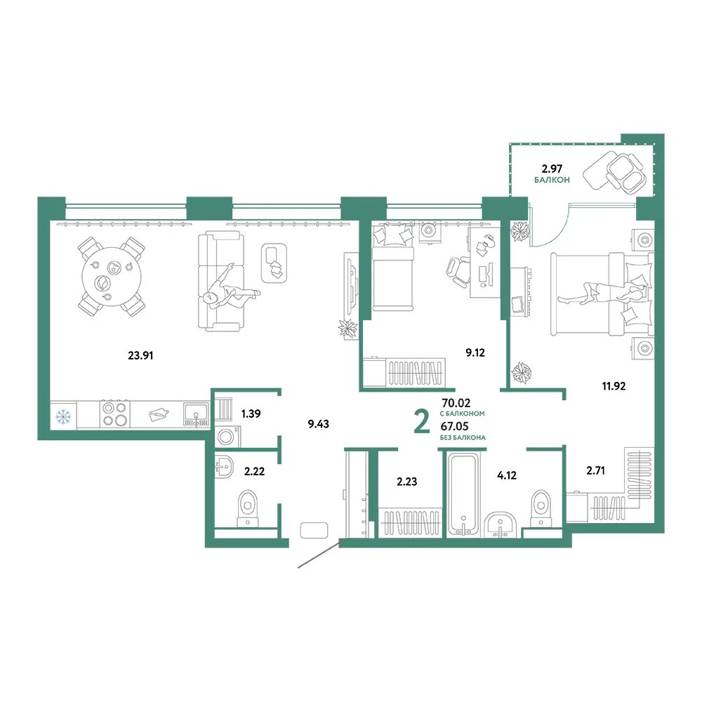 Планировка: Домашний 3-комнатная 70,02м²