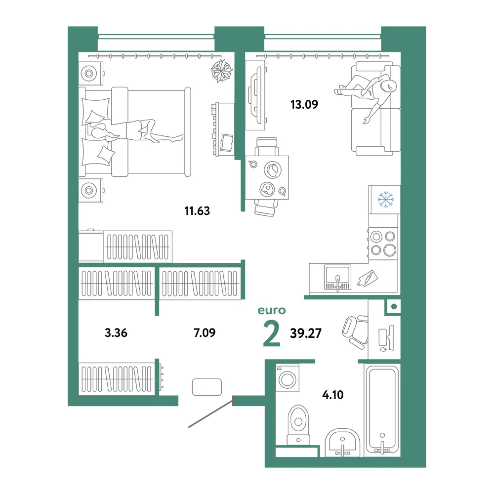 Планировка: Домашний 2-комнатная 39,27м²