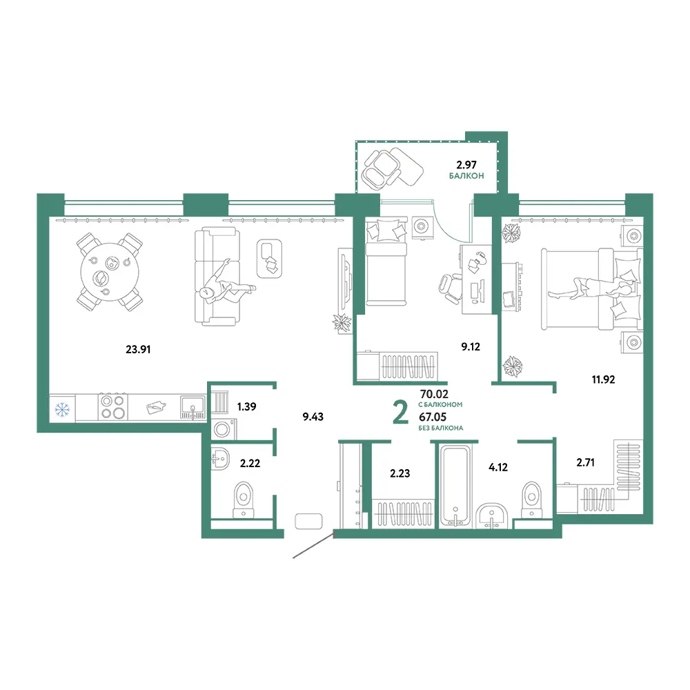 Планировка: Домашний 3-комнатная 70,02м²