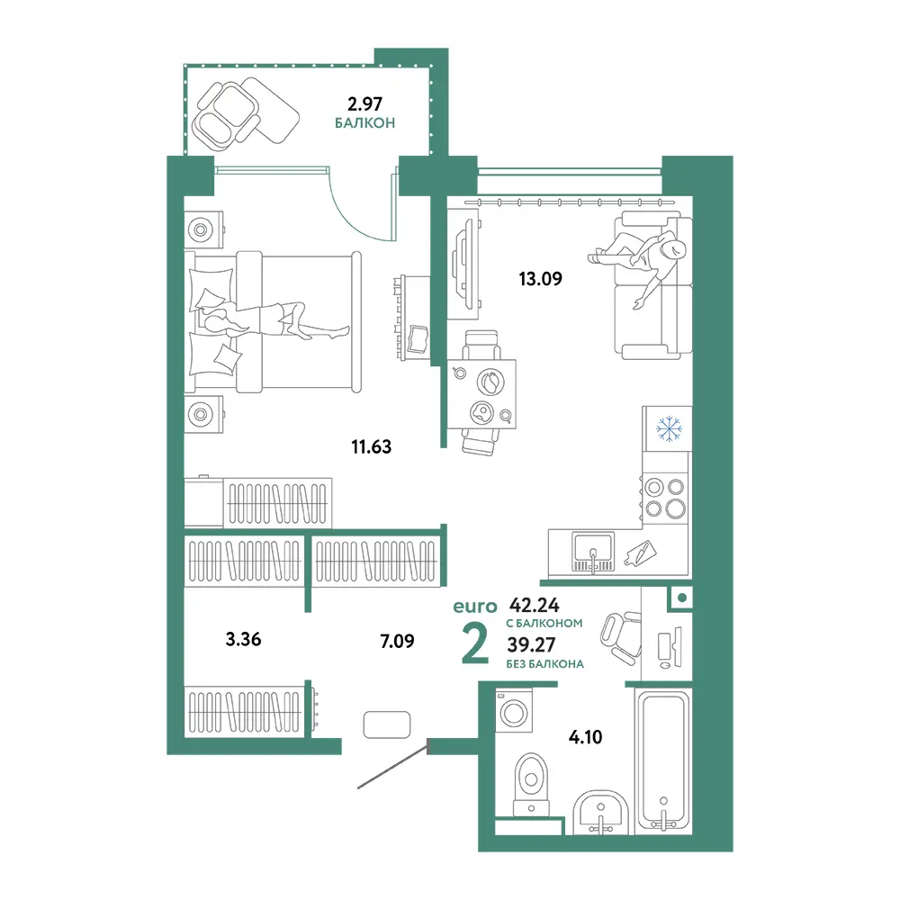 Планировка: Домашний 2-комнатная 42,24м²