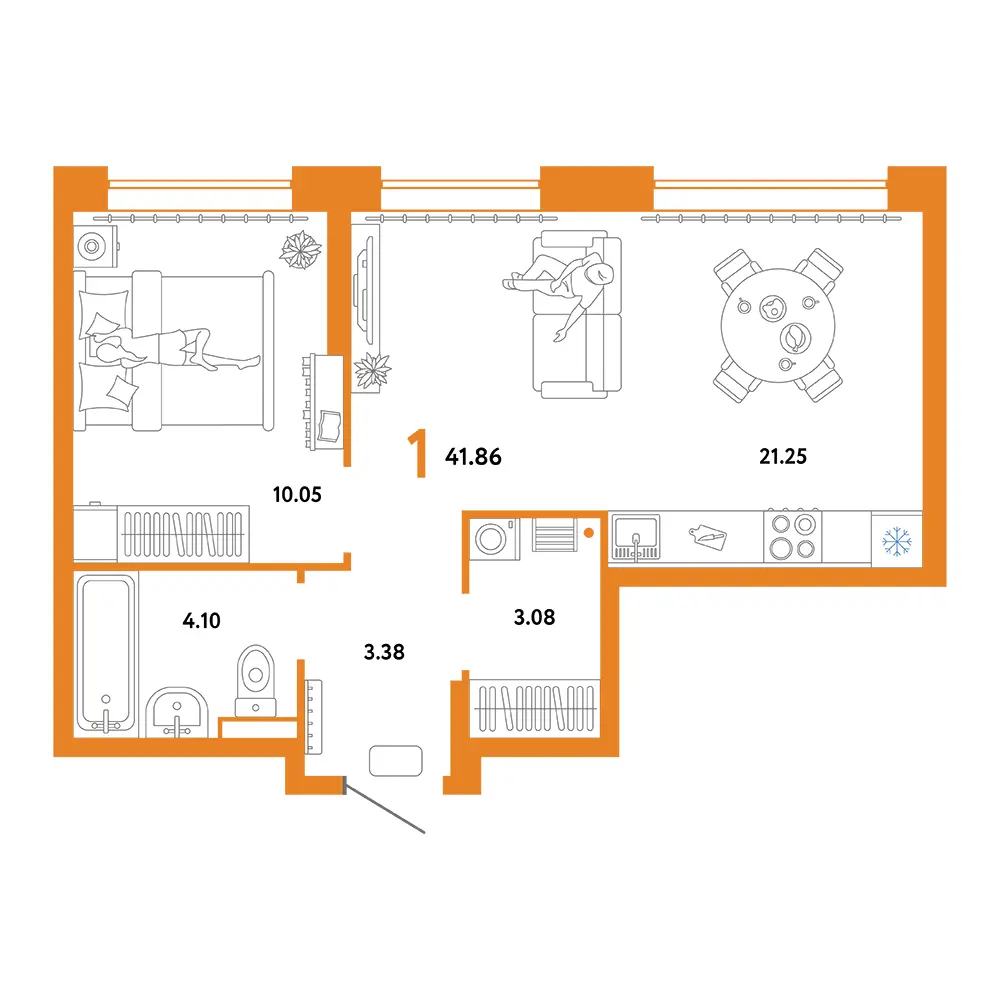 Планировка: Домашний 1-комнатная 41,86м²