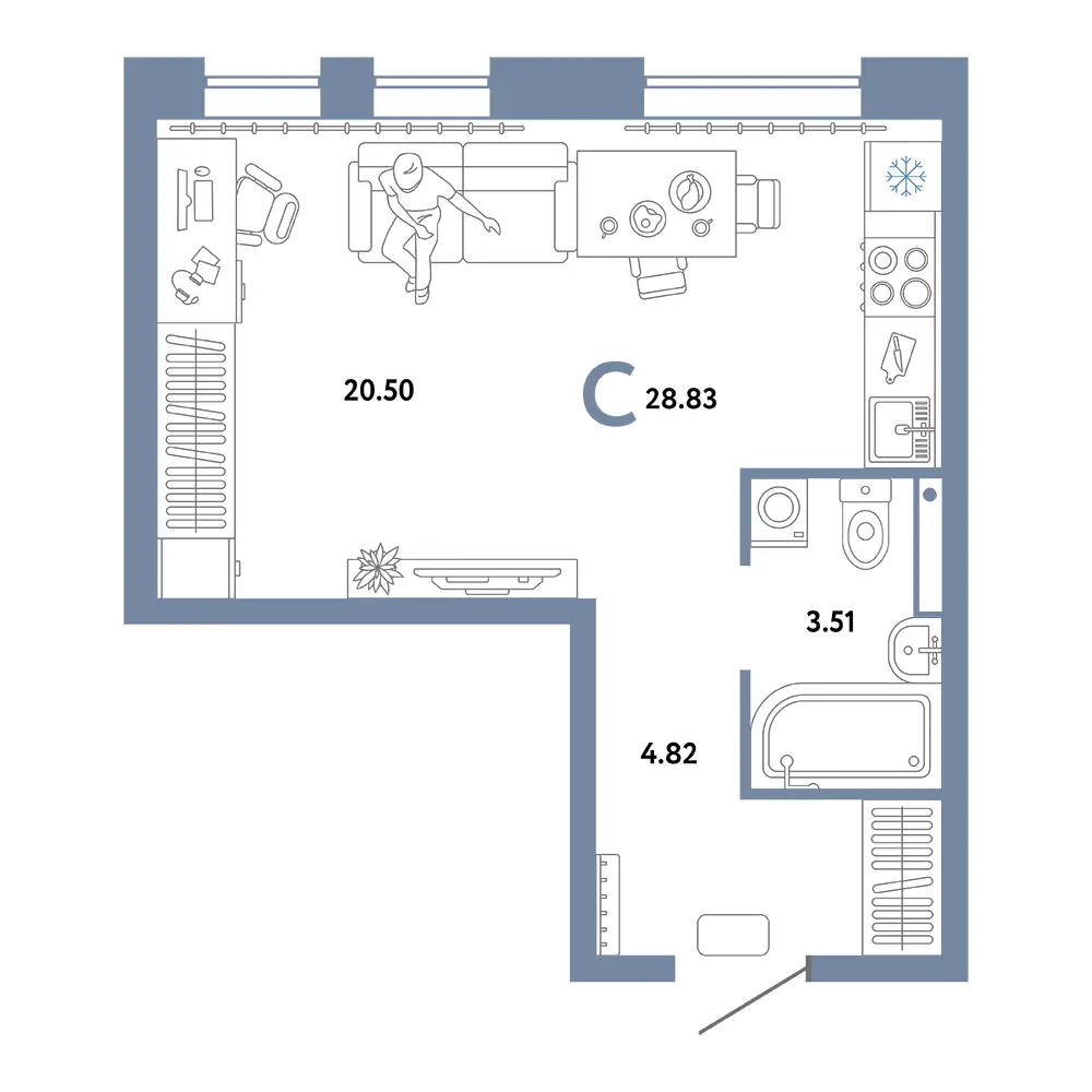 Планировка: Домашний Студия 28,83м²