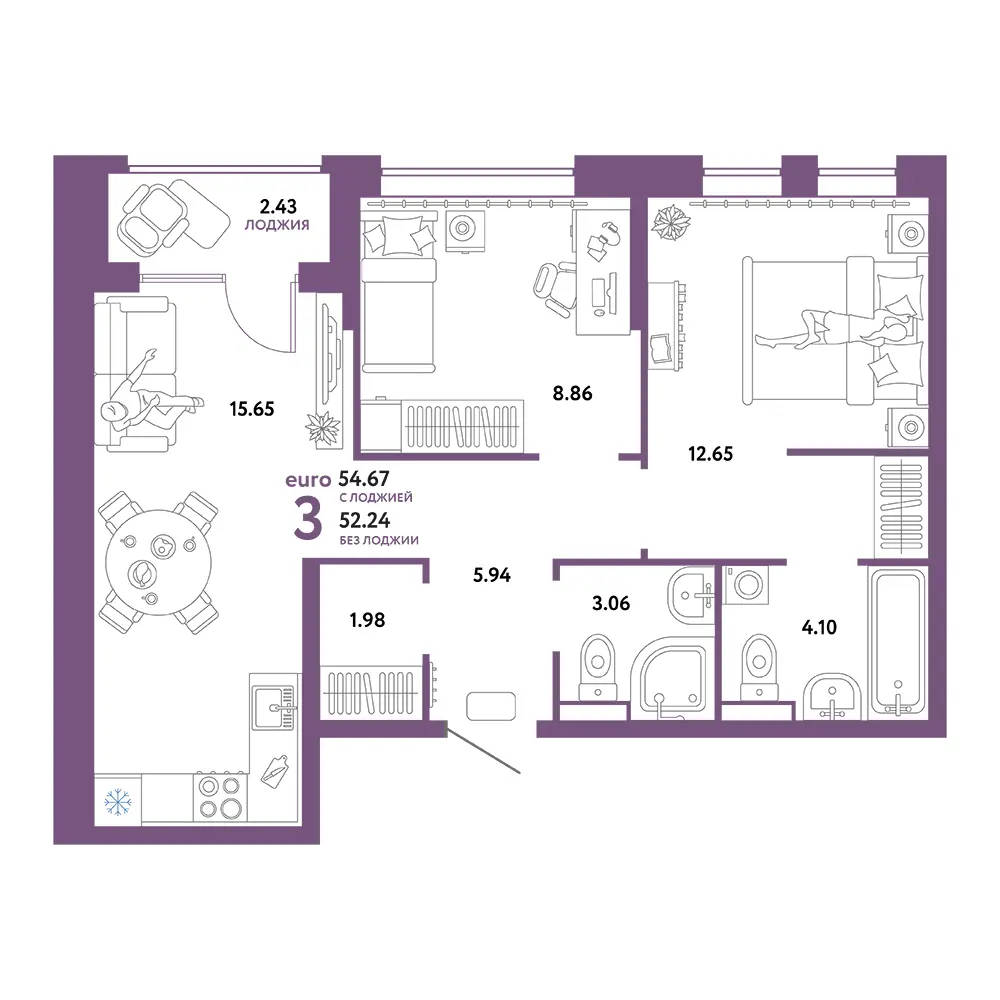 Планировка: Домашний 3-комнатная 54,67м²