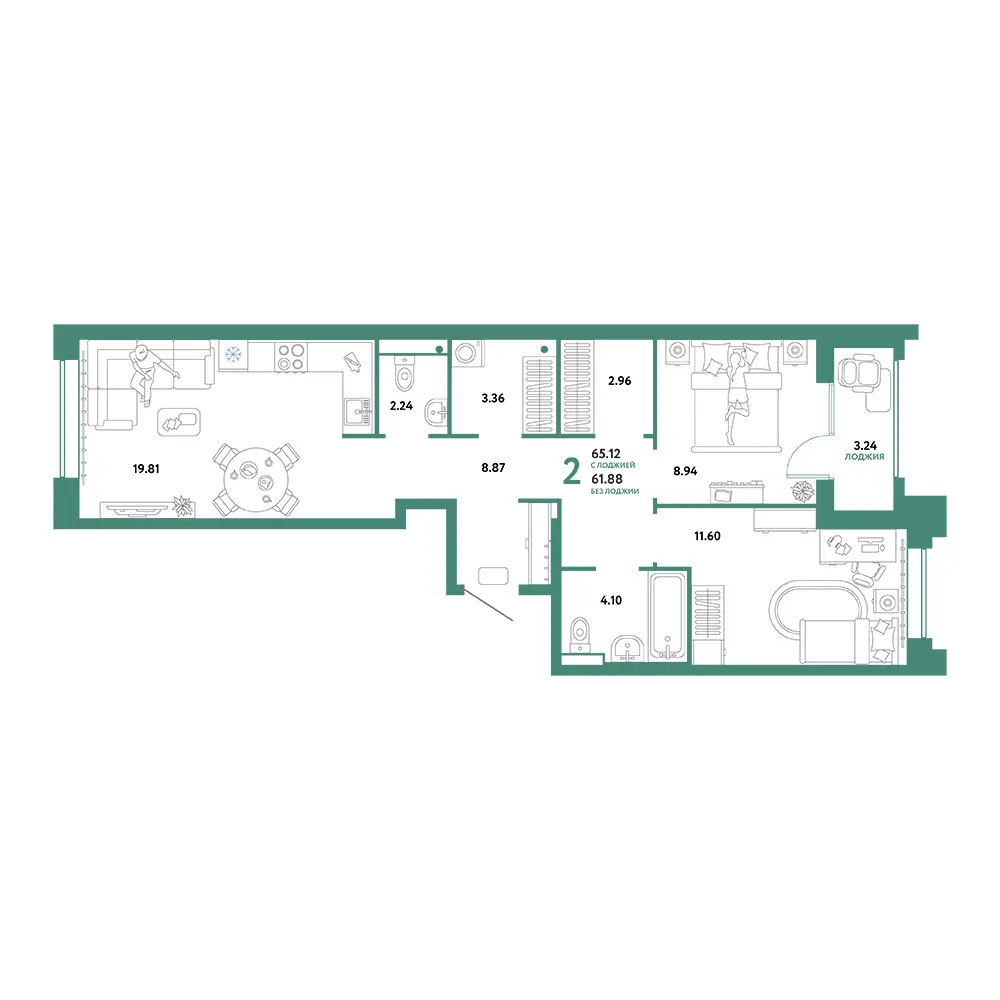 Планировка: Домашний 2-комнатная 65,12м²
