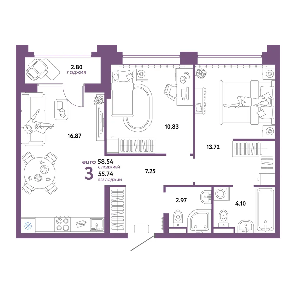 Планировка: Домашний 3-комнатная 58,54м²