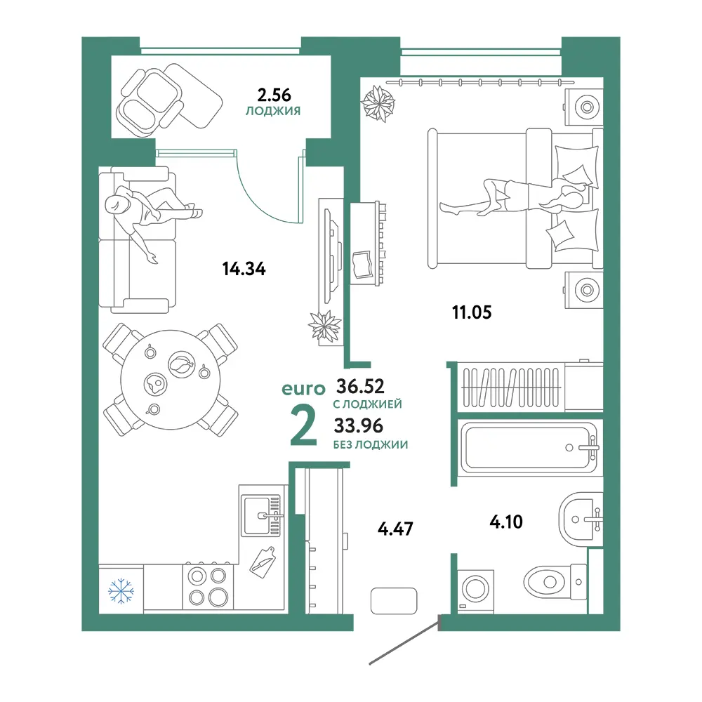 Планировка: Домашний 2-комнатная 36,52м²