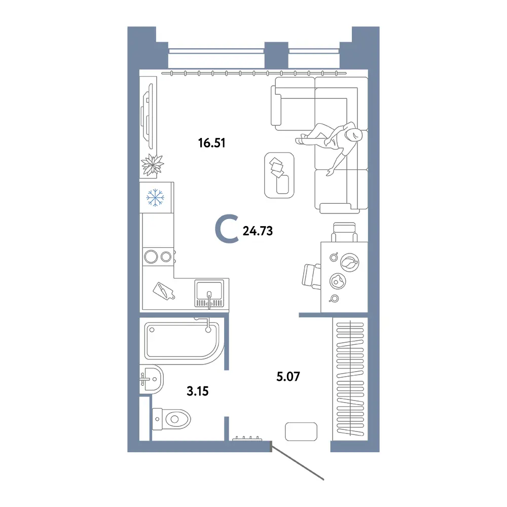 Планировка: Домашний Студия 24,73м²