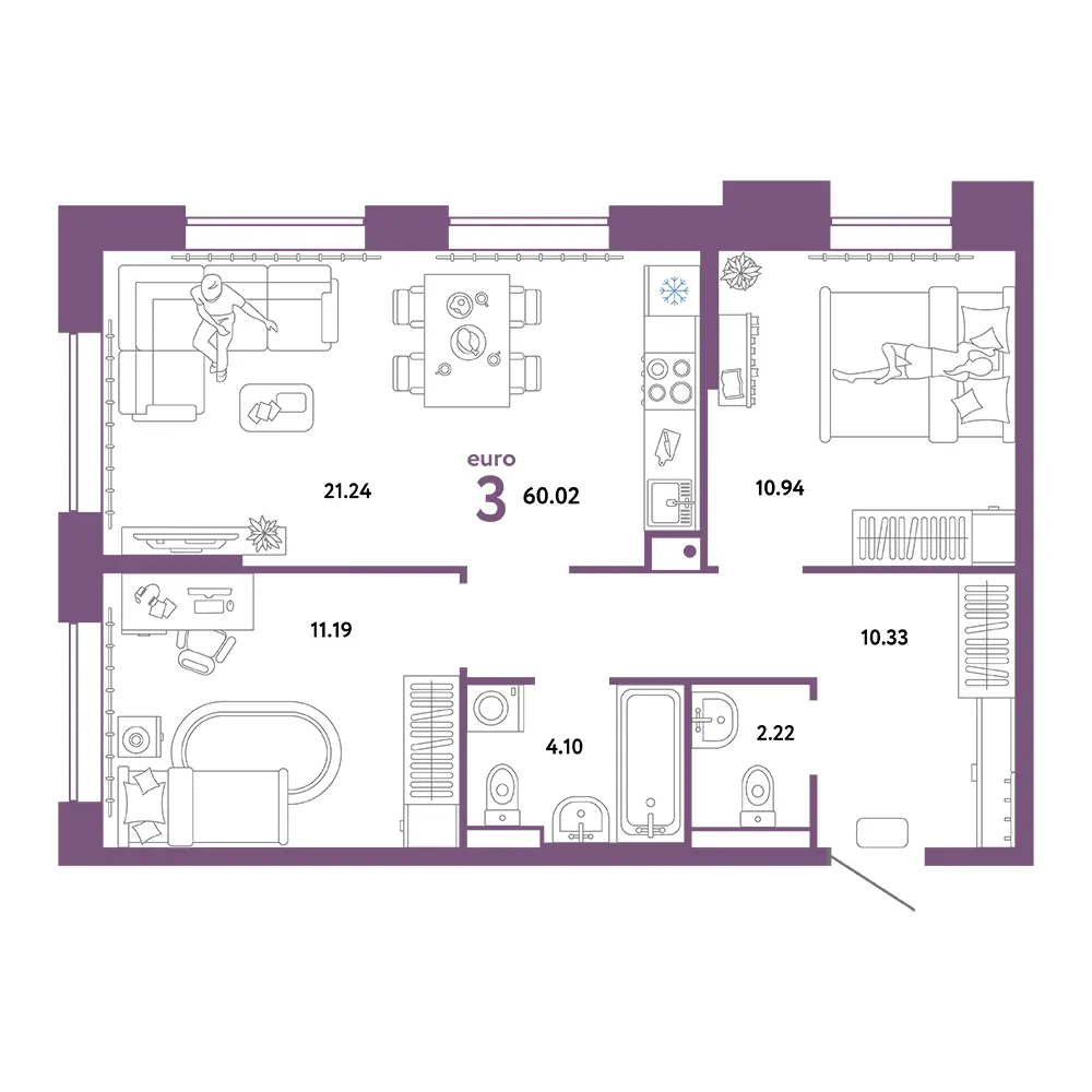 Планировка: Домашний 3-комнатная 60,02м²