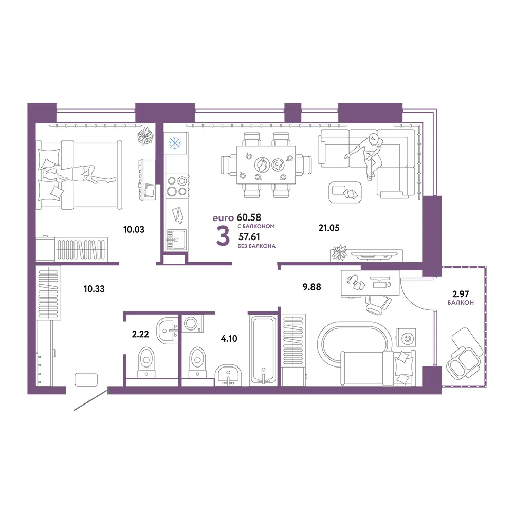 Планировка: Домашний 3-комнатная 60,58м²