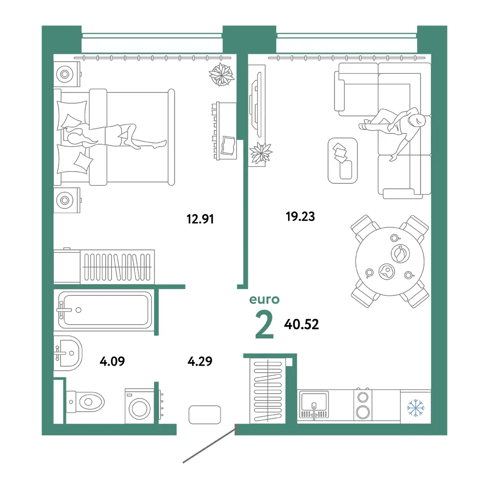 Планировка: Домашний 2-комнатная 40,52м²