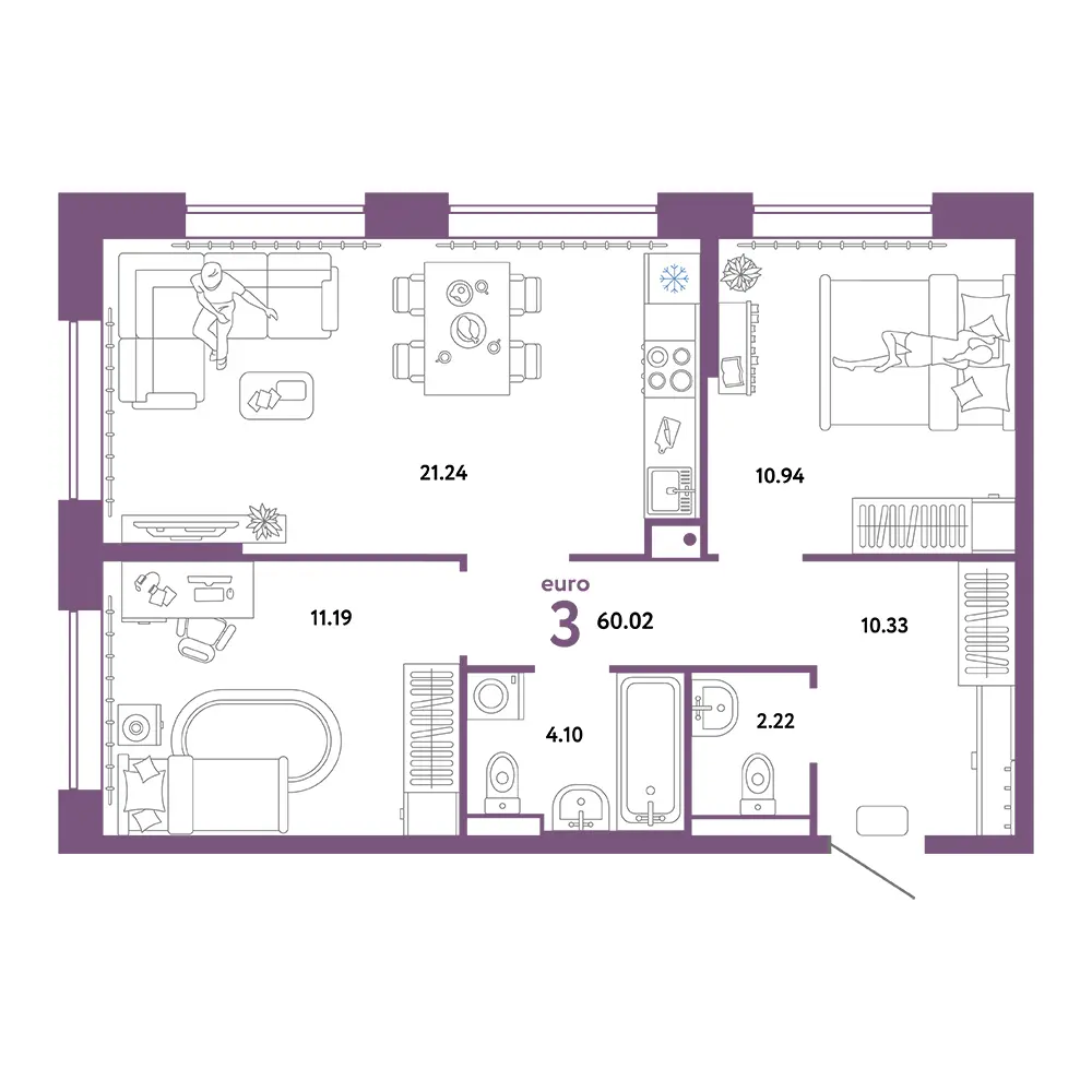 Планировка: Домашний 3-комнатная 60,02м²