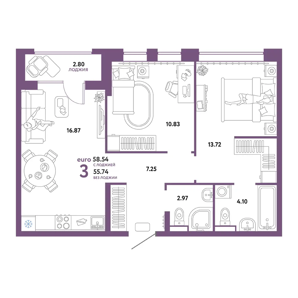 Планировка: Домашний 3-комнатная 58,54м²