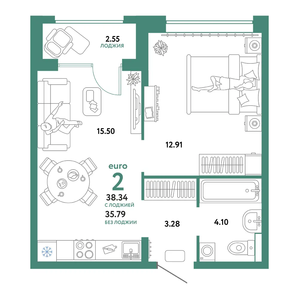 Планировка: Домашний 2-комнатная 38,34м²