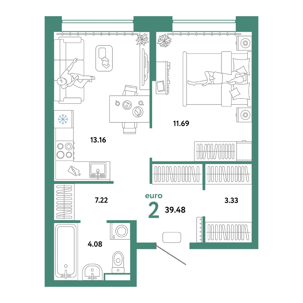 Планировка: Домашний 2-комнатная 39,48м²