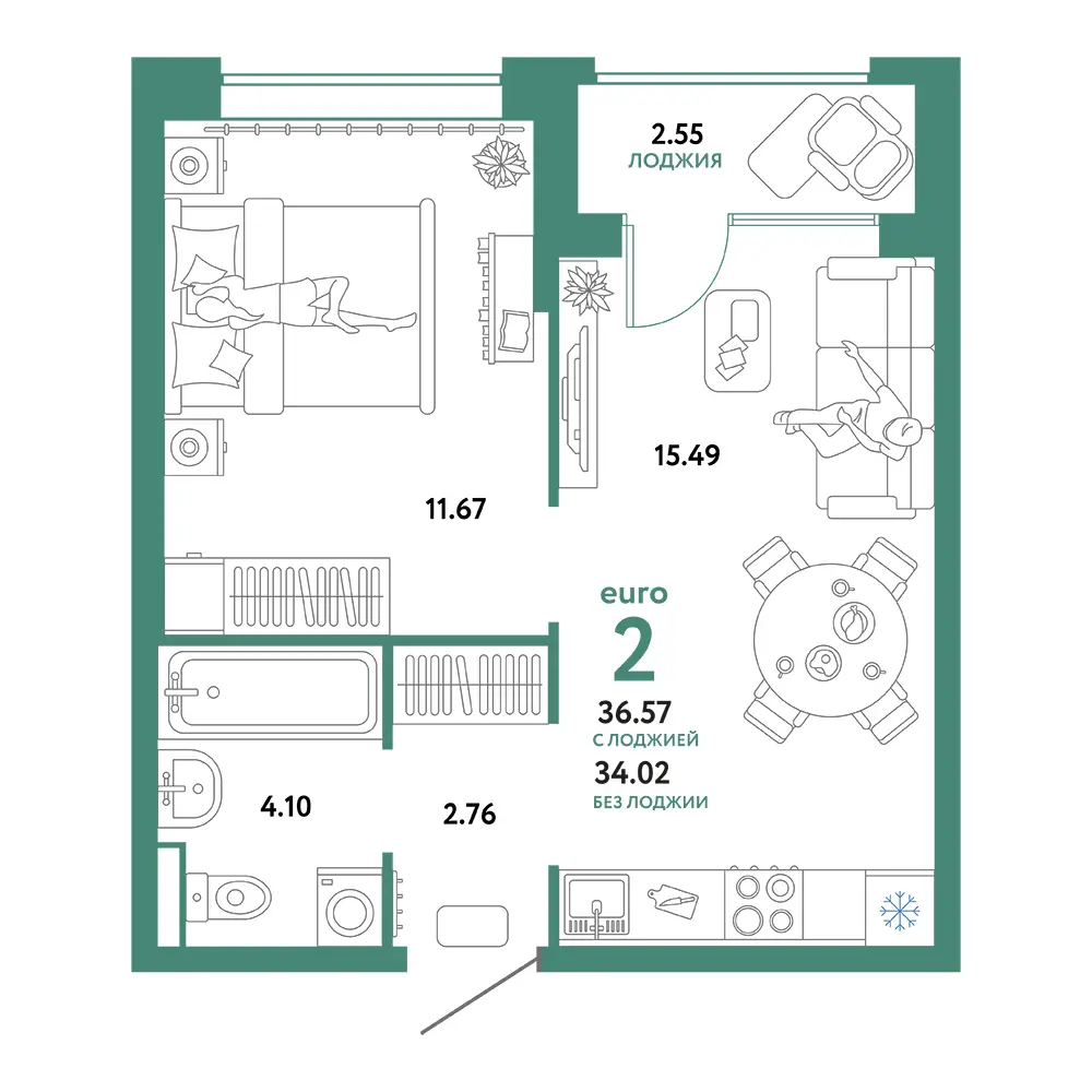 Планировка: Домашний 2-комнатная 36,57м²